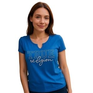 True Religion Blue Rhinestone Logo TShirt with Gold Script Detail Short Sleeve L